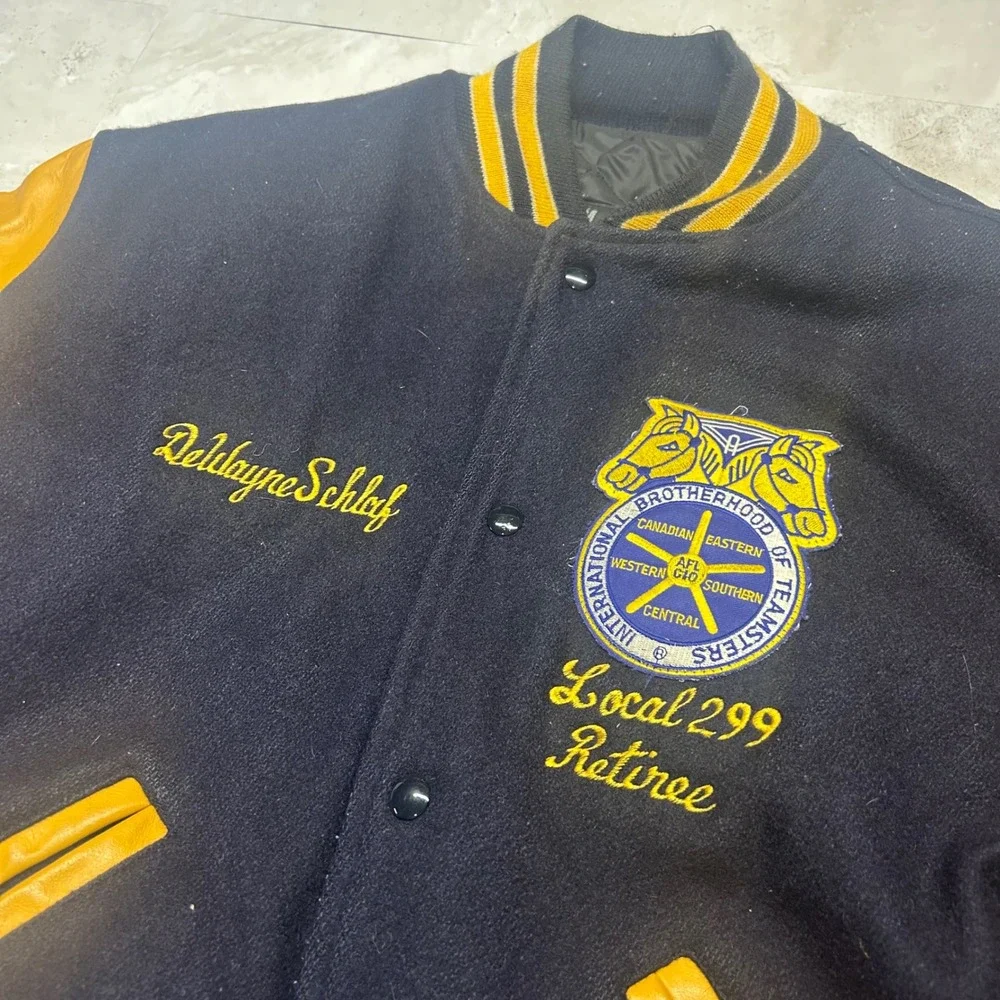 T&M Sportswear Teamsters Local 299 Varsity Jacket Navy Yellow Mens L Vintage